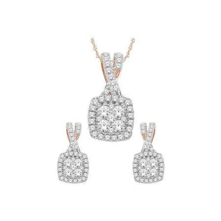10 Karat Yellow Gold 0.50TDW Diamond Cushion Halo Tiny Dangle Earring and Pendant Set