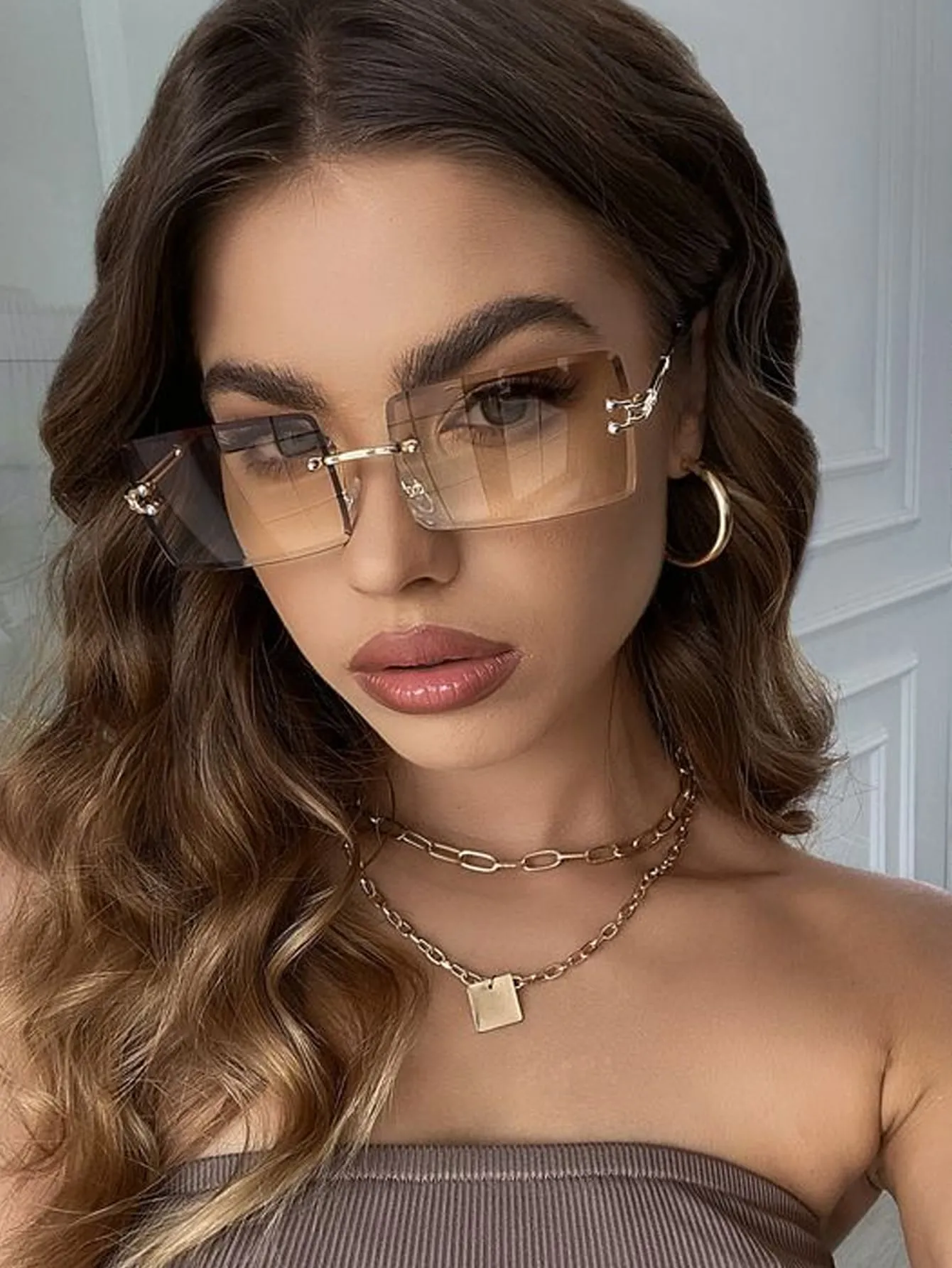 1pc Rimless Square Metal Frame Sunglasses