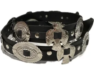 1" Black Leather Concho/Thunderbird  Waist Cinch Snap Belt