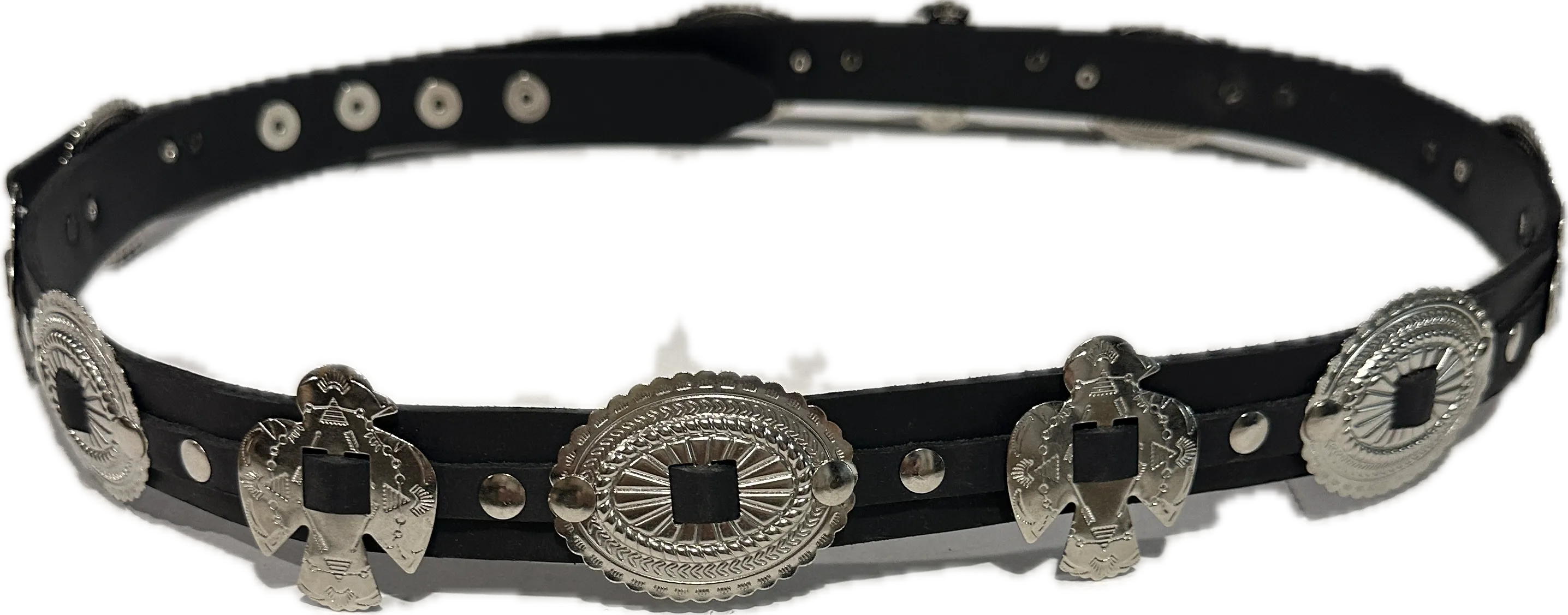 1" Black Leather Concho/Thunderbird  Waist Cinch Snap Belt