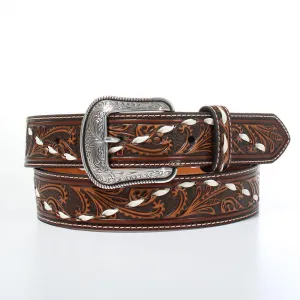 3D MENS BELT HAND TOOLED BUCK LACE BROWN