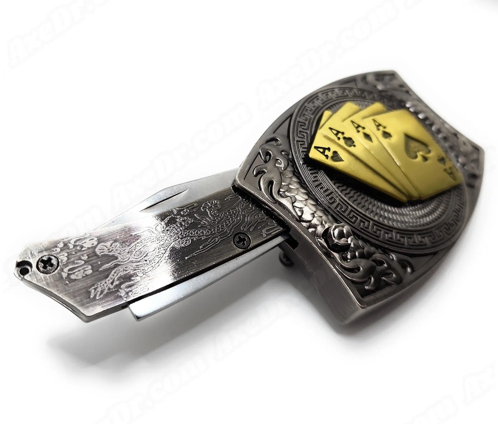4 Aces Click-In Folding Knife Belt Buckle Push-Button-Release