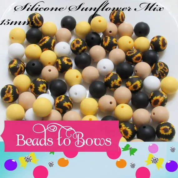 50 Yellow 15mm Sunflower Print Silicone Bead Mix, Printed Silicone Beads, Teething Beads, Food Grade Silicon Beads, Key Chain Silicone Beads