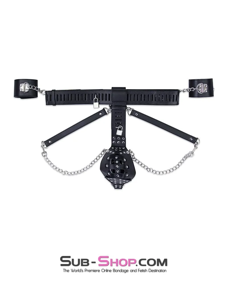 7215M      Locking Male Chastity Cage Belt with Chained Locking Wrist Cuffs