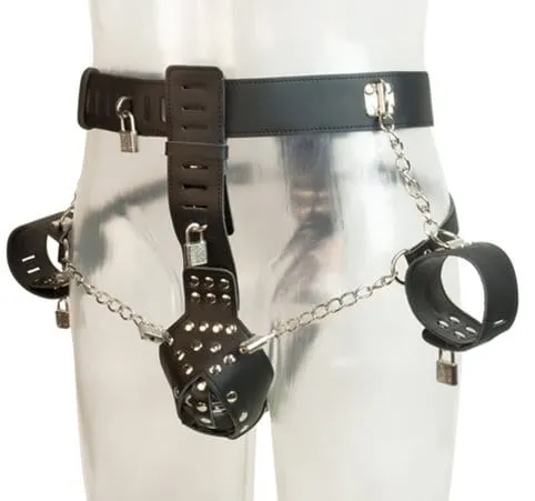 7215M      Locking Male Chastity Cage Belt with Chained Locking Wrist Cuffs