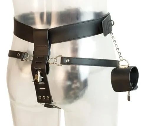 7215M      Locking Male Chastity Cage Belt with Chained Locking Wrist Cuffs