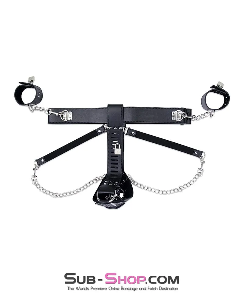 7215M      Locking Male Chastity Cage Belt with Chained Locking Wrist Cuffs