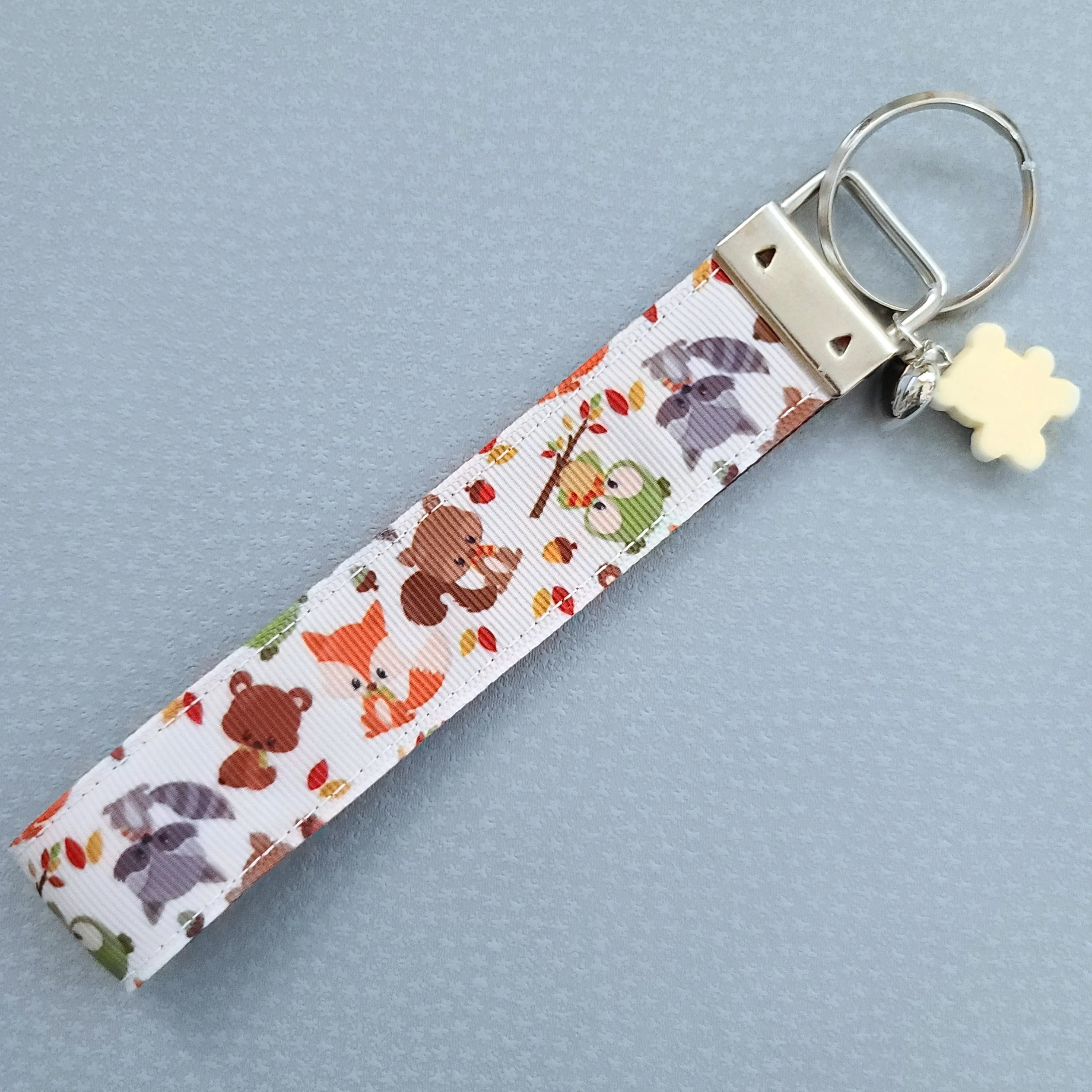 Adorable Fall Forest Friends on White Key Fob on Silver