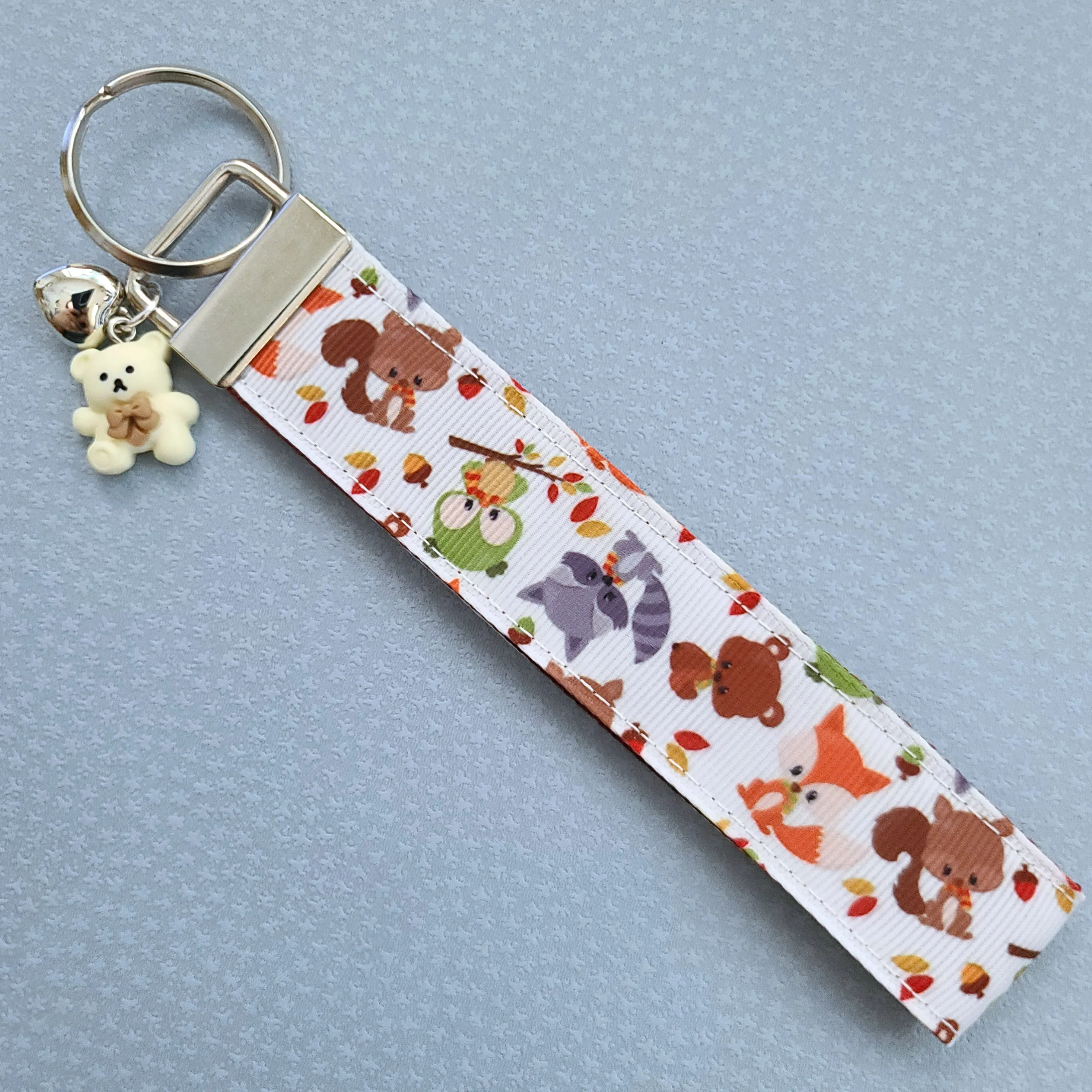 Adorable Fall Forest Friends on White Key Fob on Silver