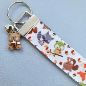 Adorable Fall Forest Friends on White Key Fob on Silver