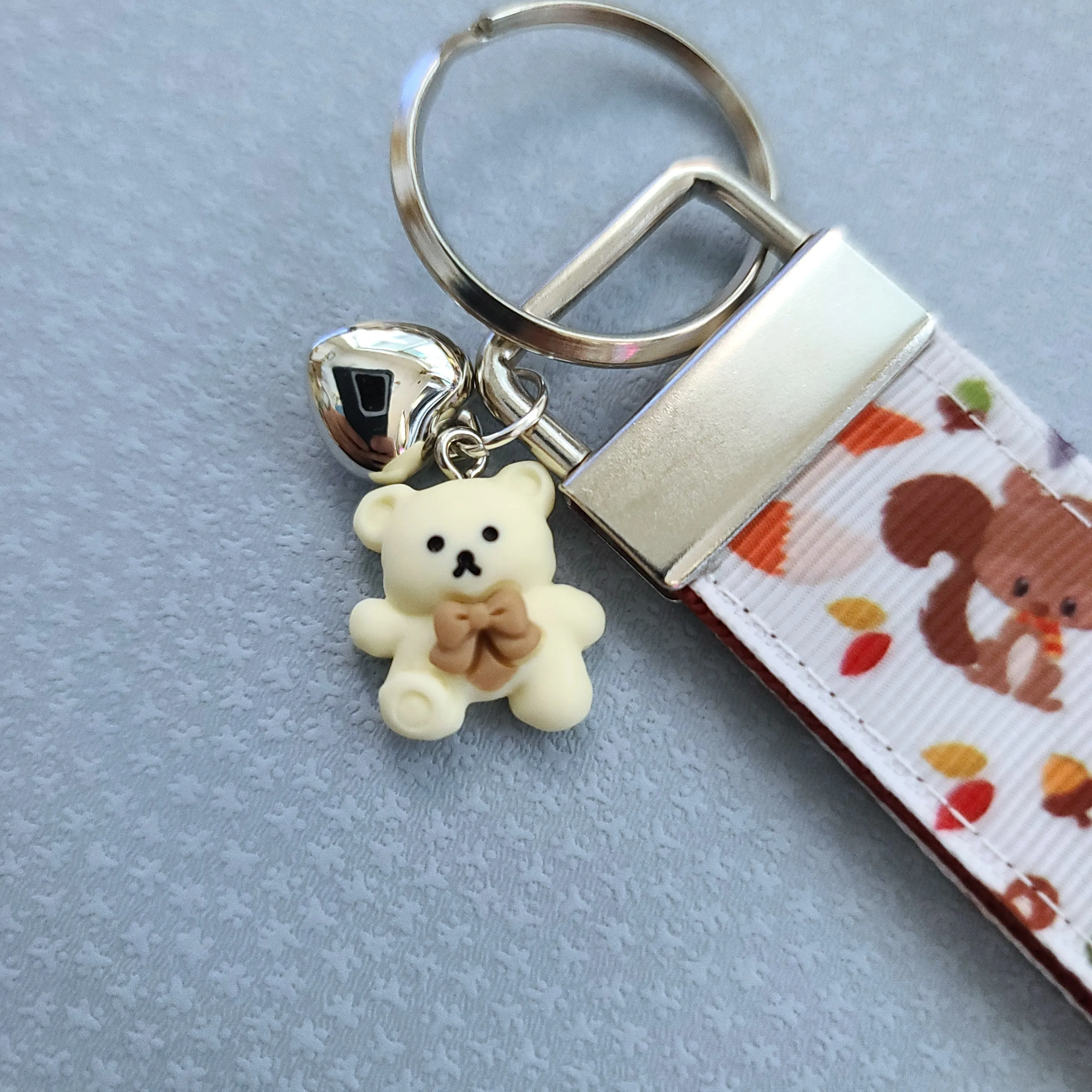 Adorable Fall Forest Friends on White Key Fob on Silver