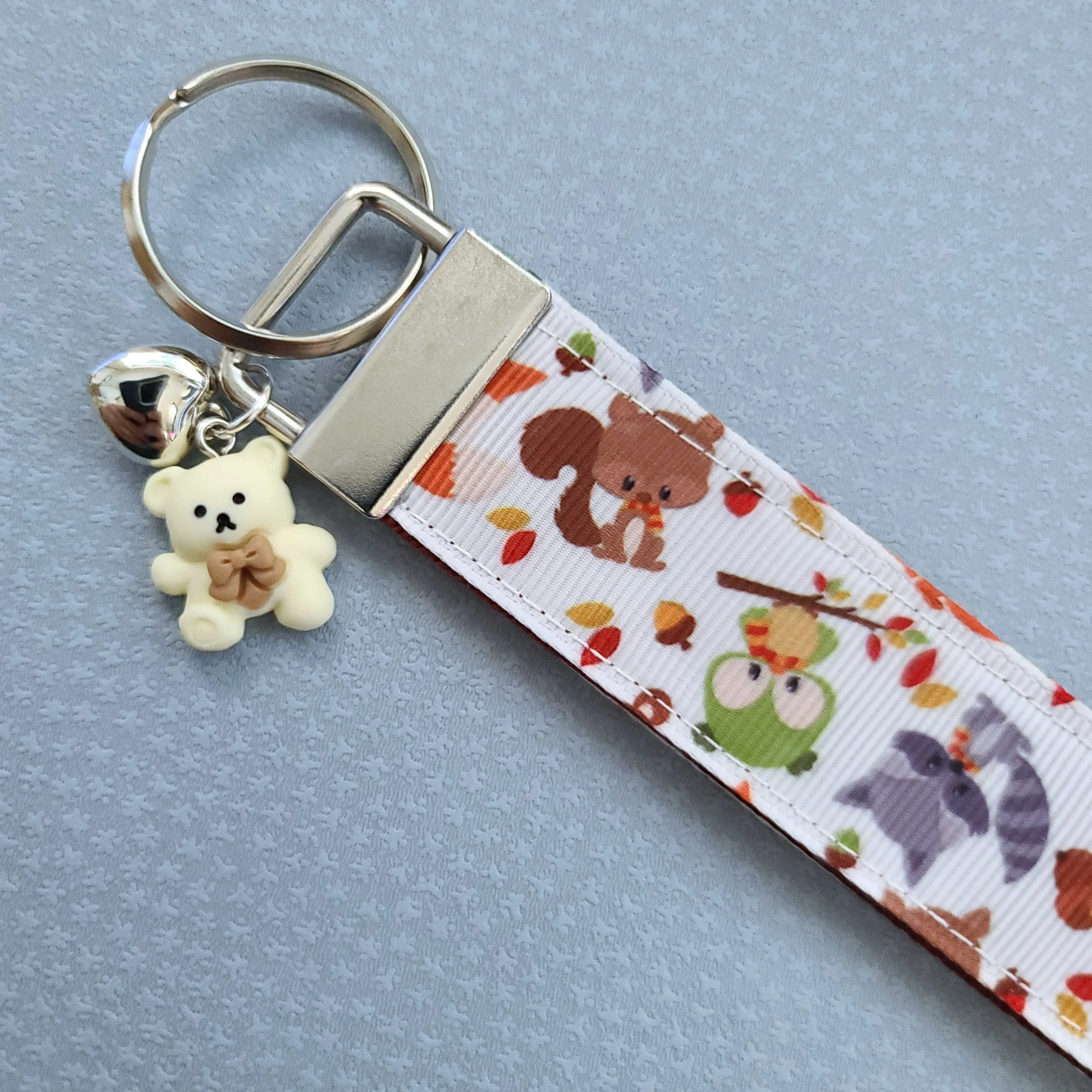 Adorable Fall Forest Friends on White Key Fob on Silver