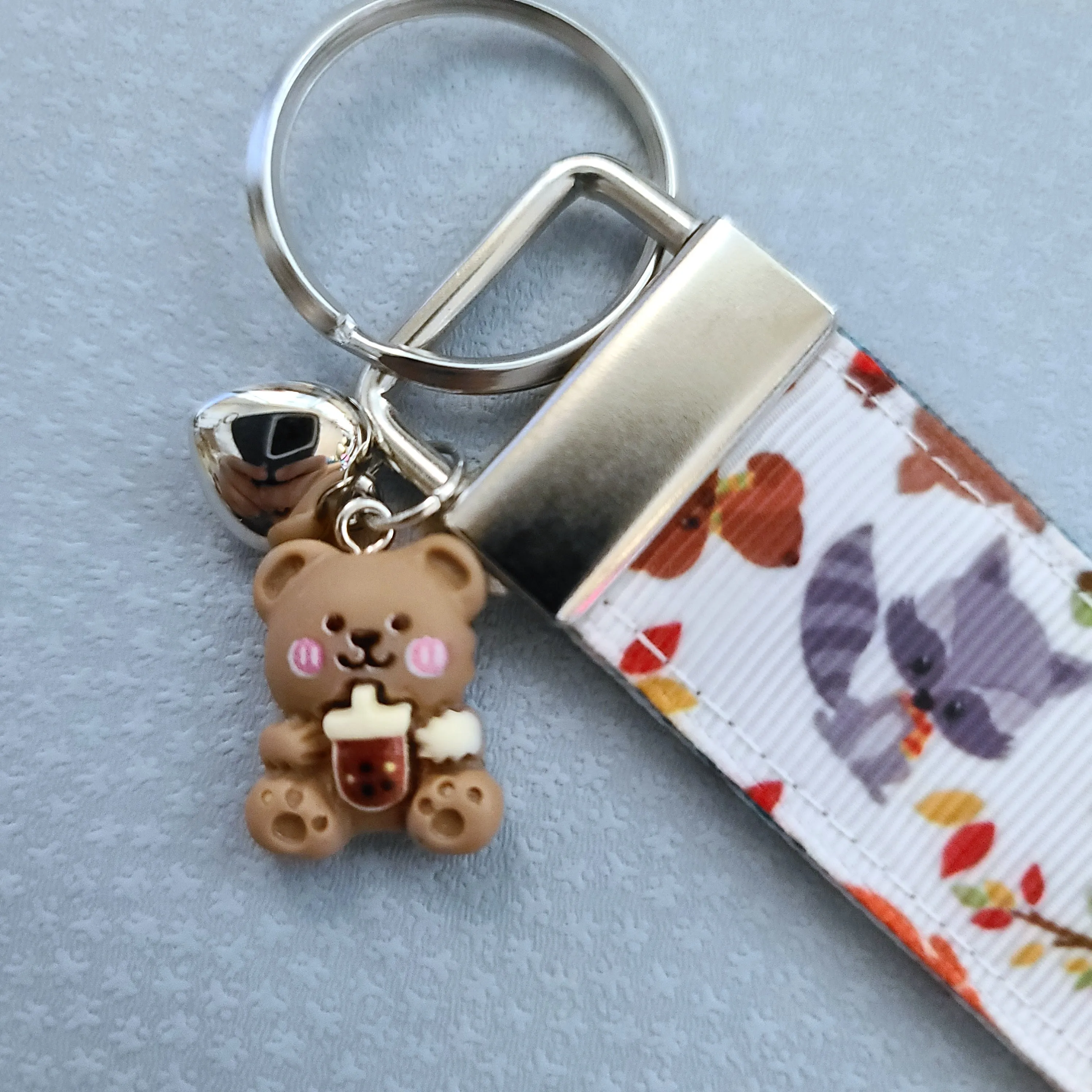 Adorable Fall Forest Friends on White Key Fob on Silver
