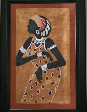 African Woman Painting Modern Xhosa Tribal Woman III Acrylic on Textile Framed in Black Original Art 24"H X 16"W
