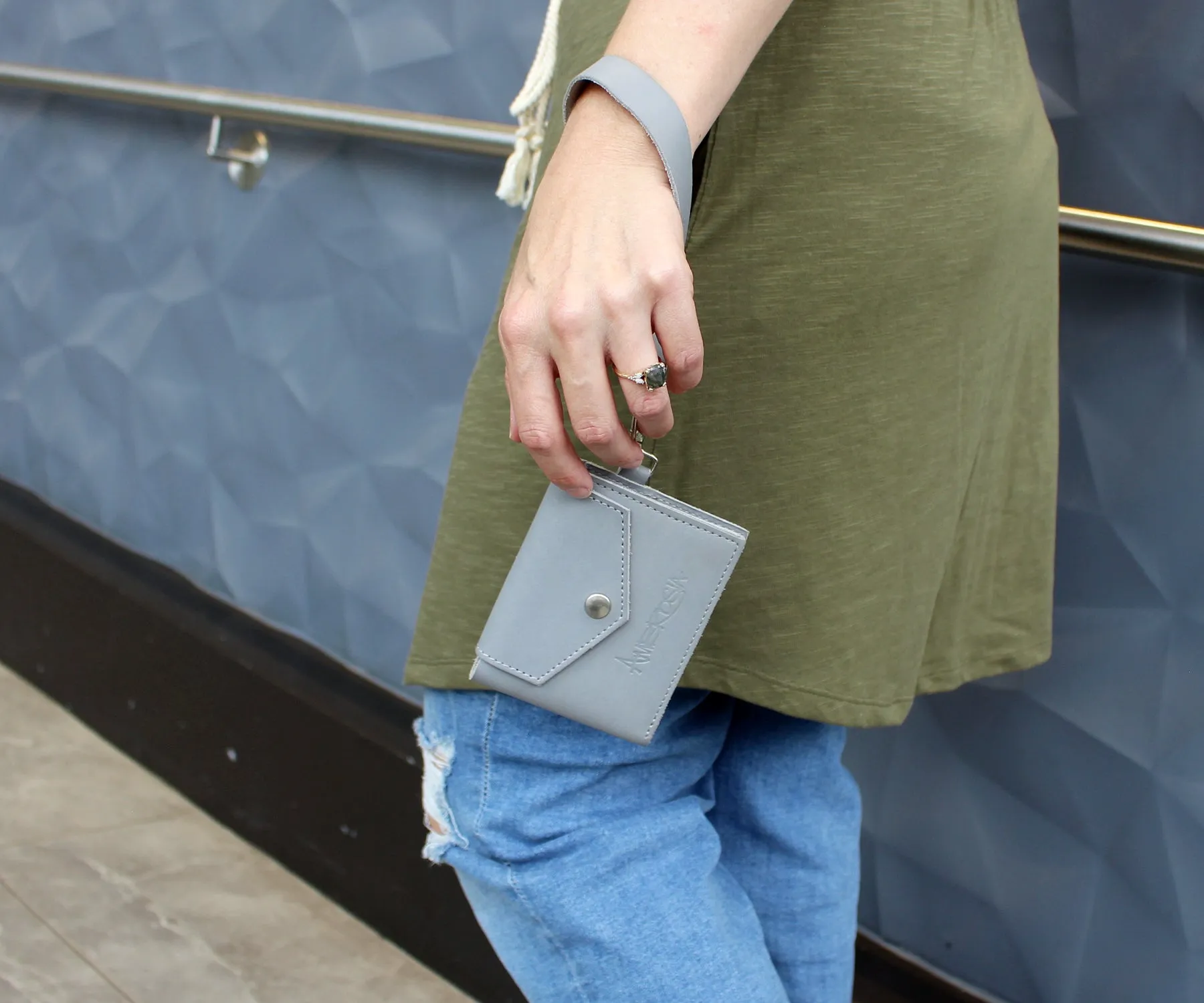 Ambrosia Keychain Gray Leather Wristlet