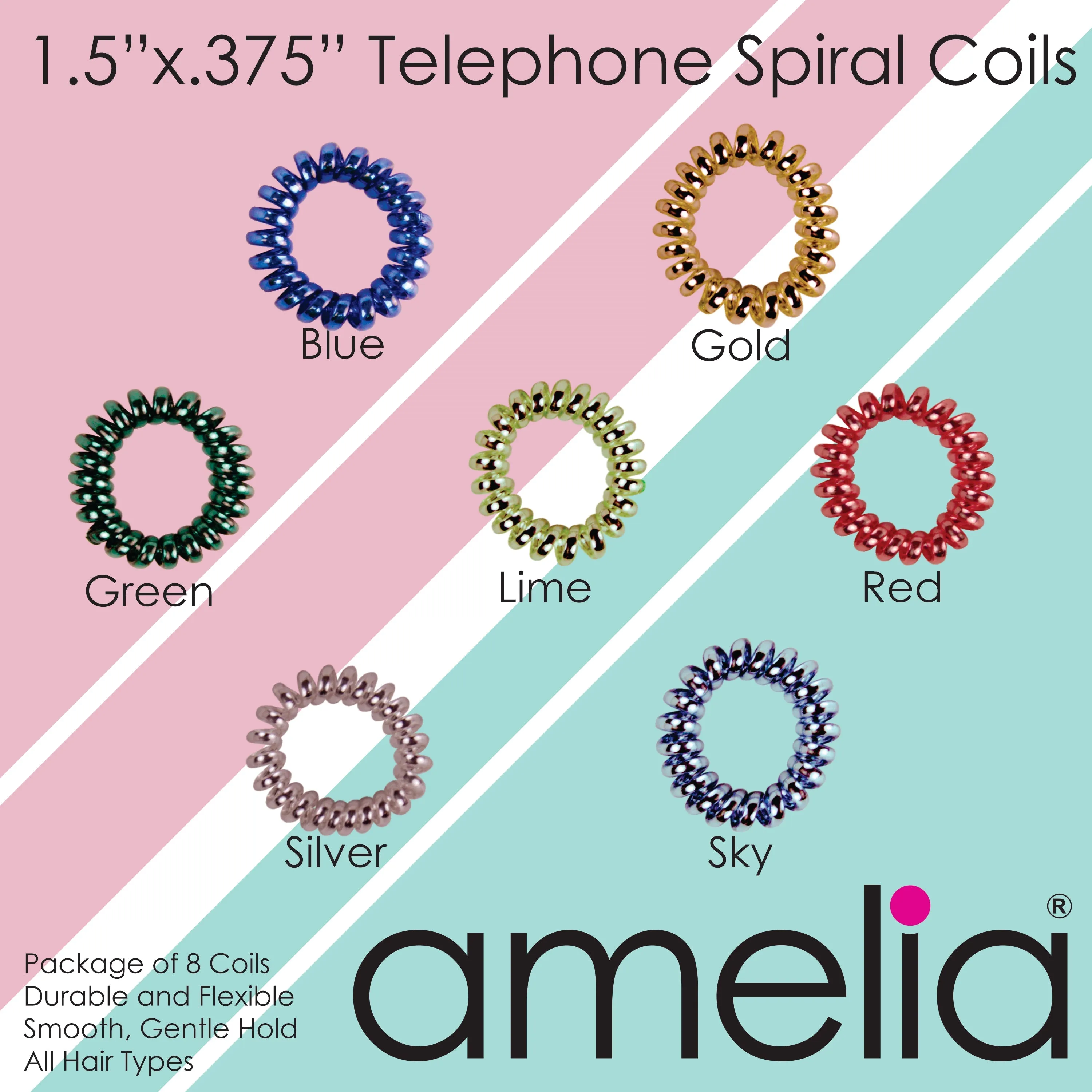 Amelia Beauty, 8 Small Shinny Elastic Hair Telephone Cord Coils, 1.5in Diameter Spiral Hair Ties, Strong Hold, Gentle on Hair, Green