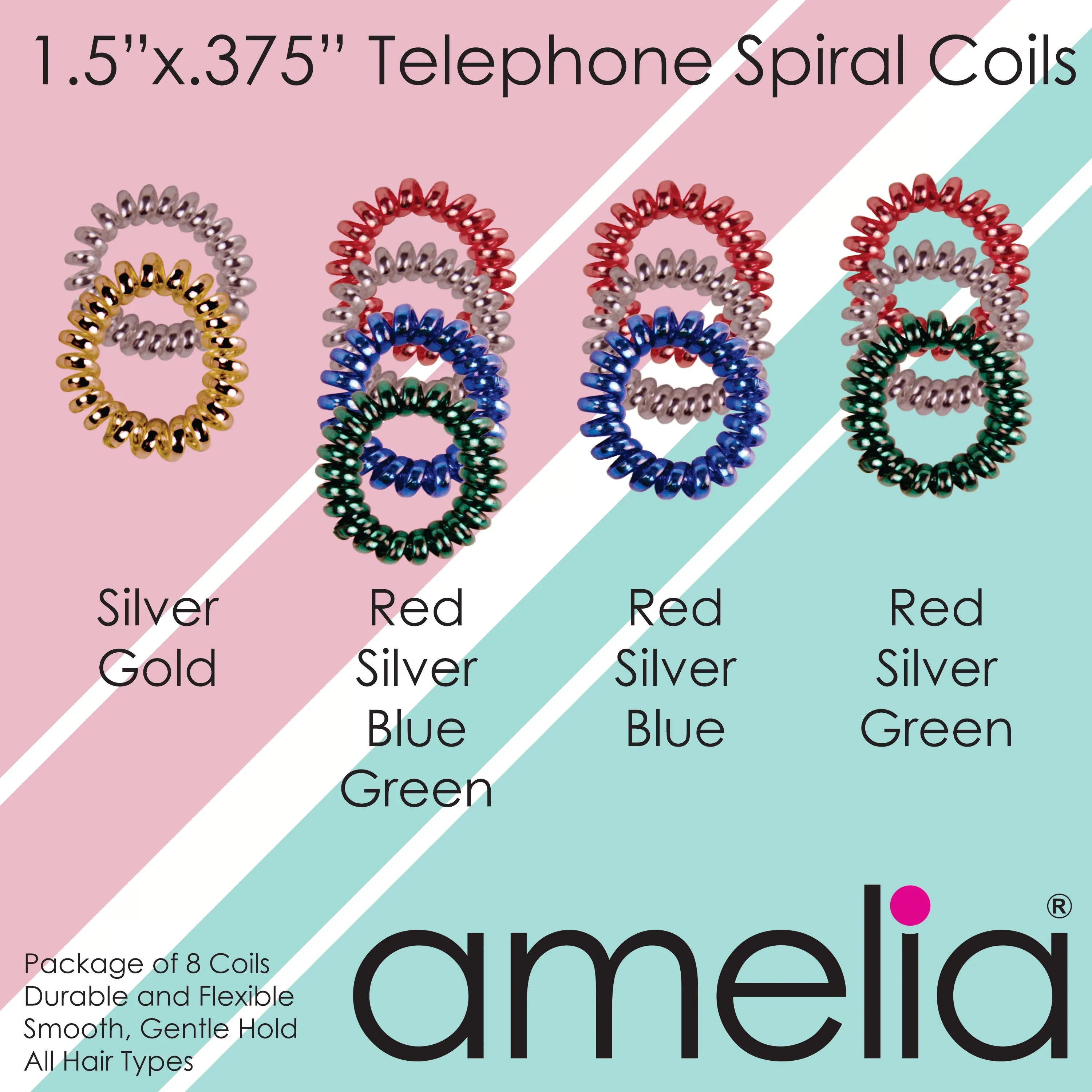 Amelia Beauty, 8 Small Shinny Elastic Hair Telephone Cord Coils, 1.5in Diameter Spiral Hair Ties, Strong Hold, Gentle on Hair, Green