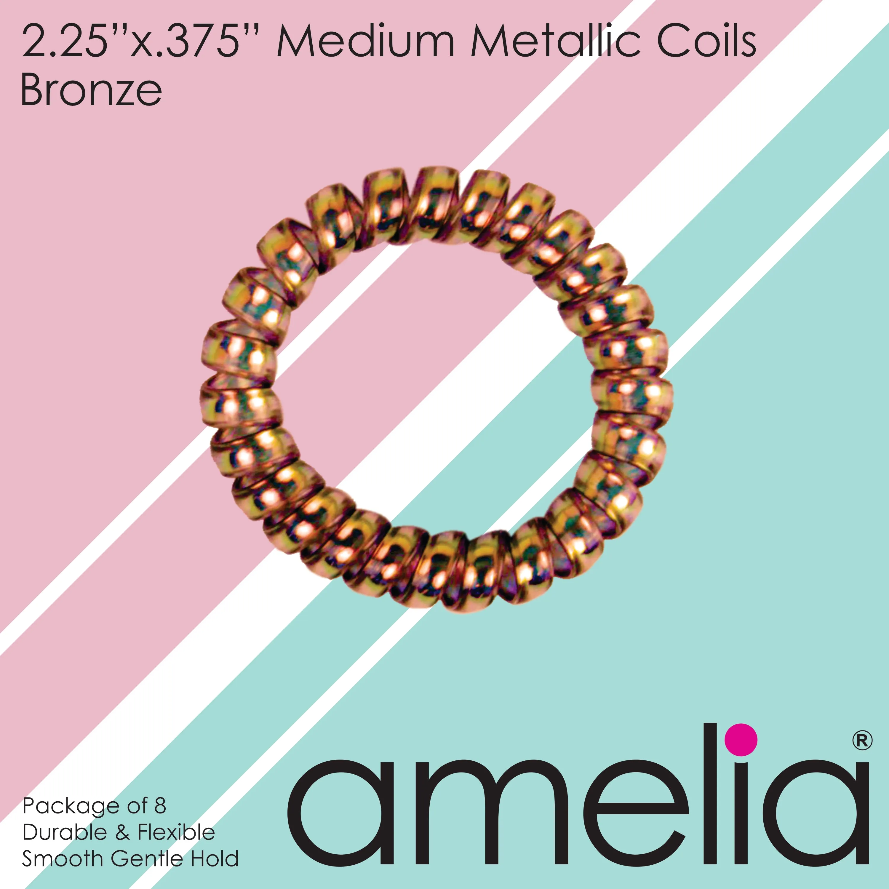 Amelia Beauty Products 8 Medium Smooth Elastic Hair Coils, 2.25in Diameter Spiral Hair Ties, Gentle on Hair, Strong Hold and Minimizes Dents and Creases, Bronze