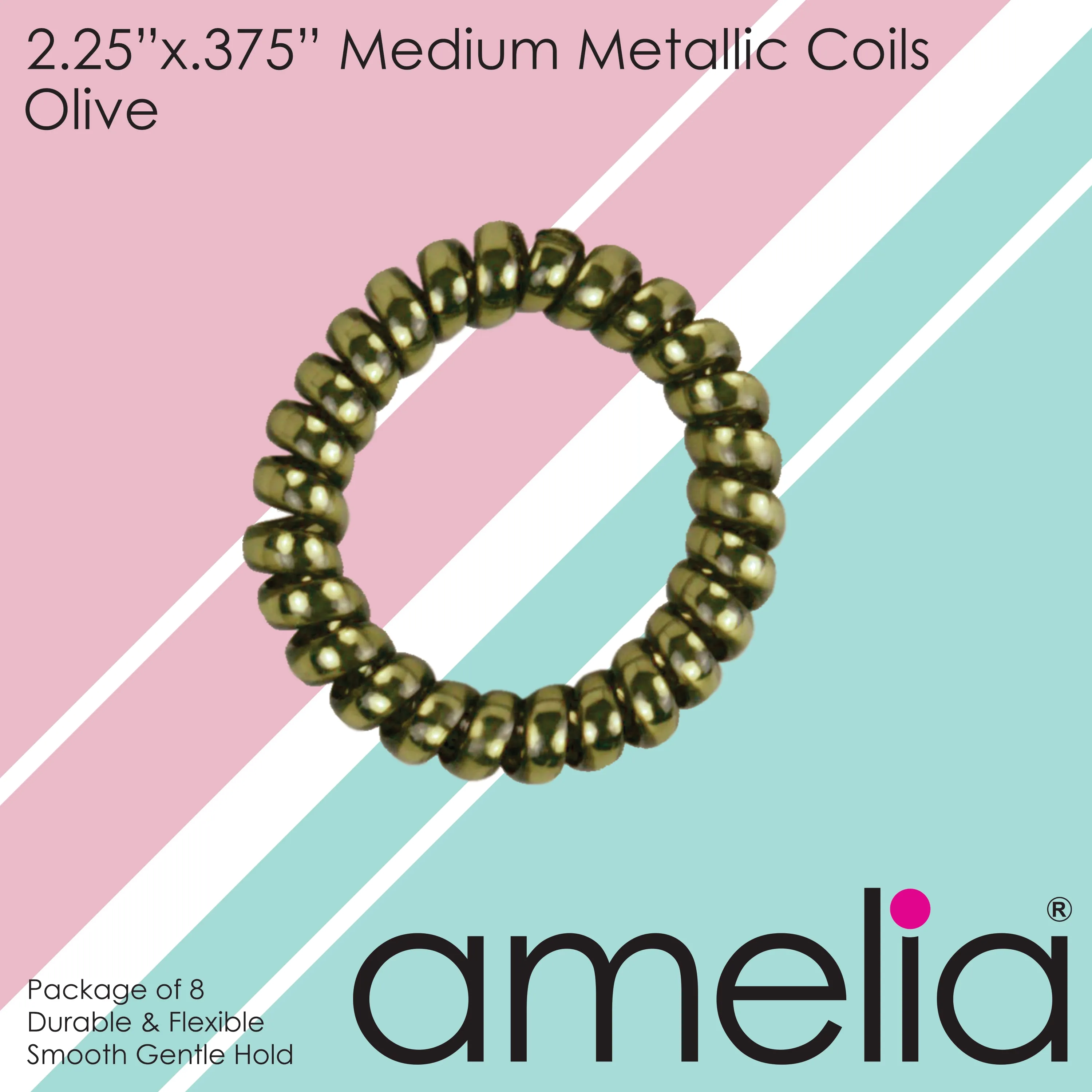 Amelia Beauty Products 8 Medium Smooth Elastic Hair Coils, 2.25in Diameter Spiral Hair Ties, Gentle on Hair, Strong Hold and Minimizes Dents and Creases, Olive