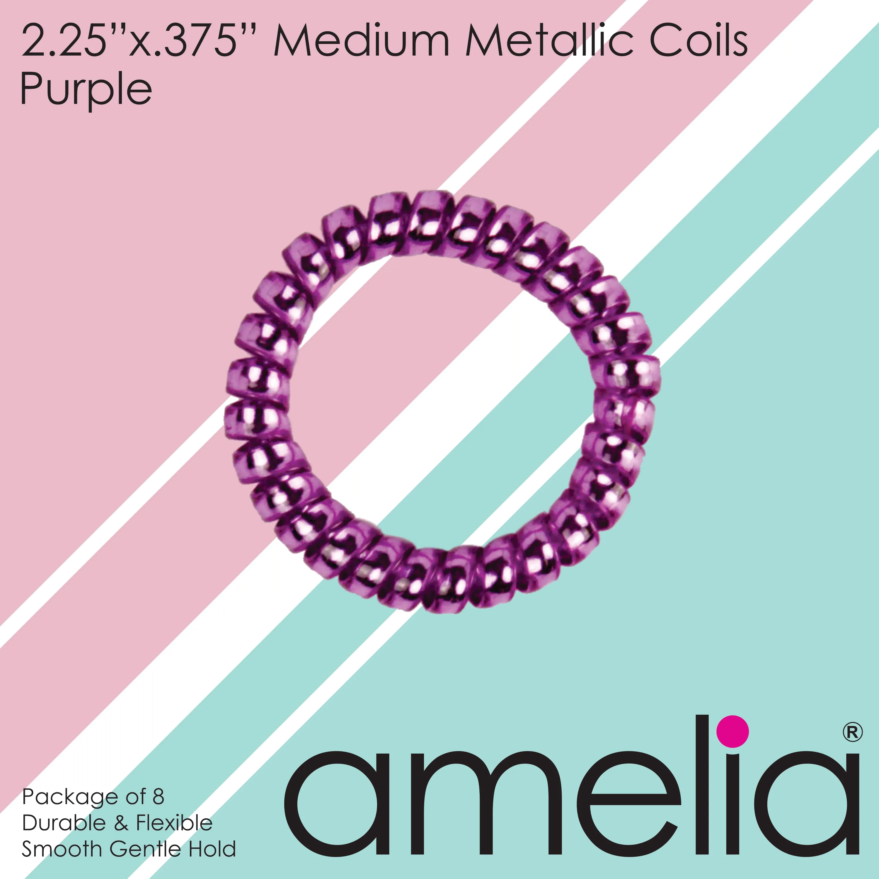 Amelia Beauty Products 8 Medium Smooth Elastic Hair Coils, 2.25in Diameter Spiral Hair Ties, Gentle on Hair, Strong Hold and Minimizes Dents and Creases, Purple