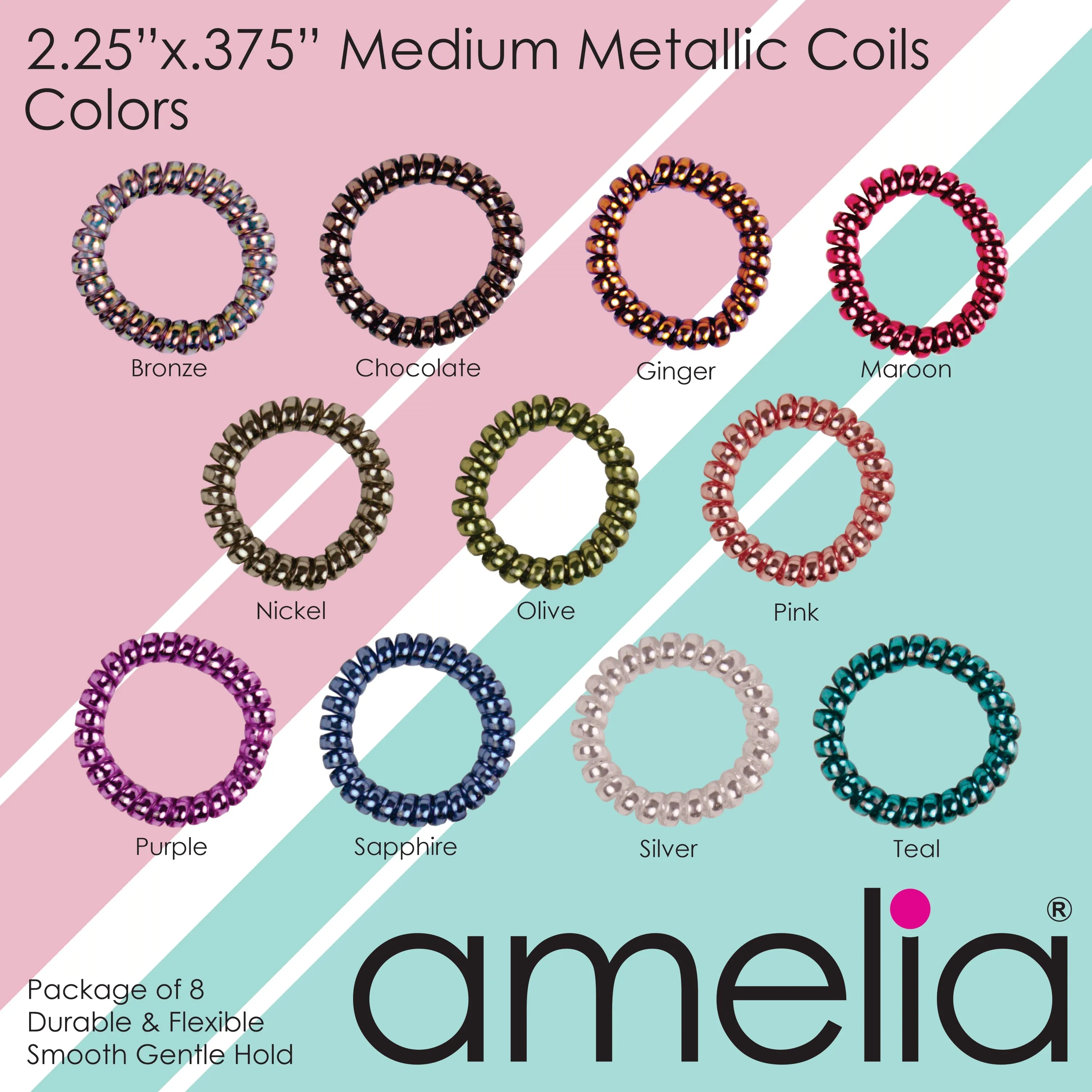 Amelia Beauty Products 8 Medium Smooth Elastic Hair Coils, 2.25in Diameter Spiral Hair Ties, Gentle on Hair, Strong Hold and Minimizes Dents and Creases, Purple