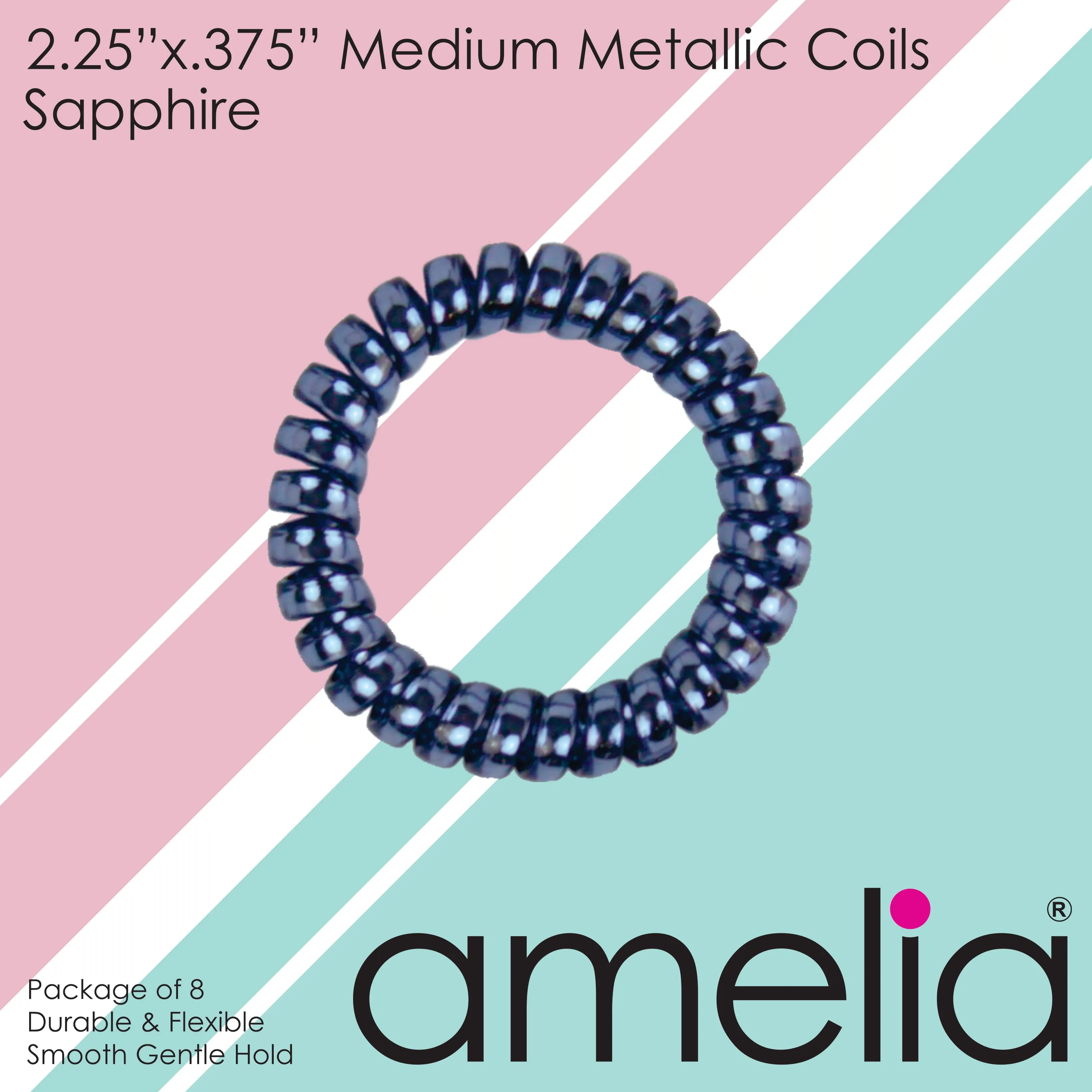 Amelia Beauty Products 8 Medium Smooth Elastic Hair Coils, 2.25in Diameter Spiral Hair Ties, Gentle on Hair, Strong Hold and Minimizes Dents and Creases, Sapphire Blue