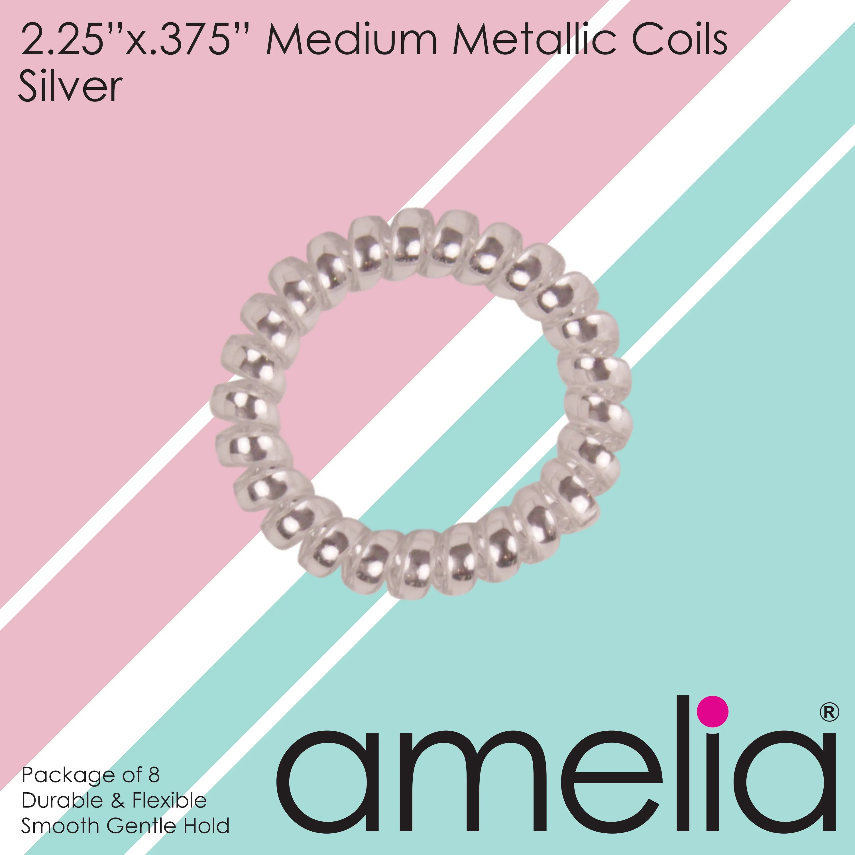 Amelia Beauty Products 8 Medium Smooth Elastic Hair Coils, 2.25in Diameter Spiral Hair Ties, Gentle on Hair, Strong Hold and Minimizes Dents and Creases, Silver