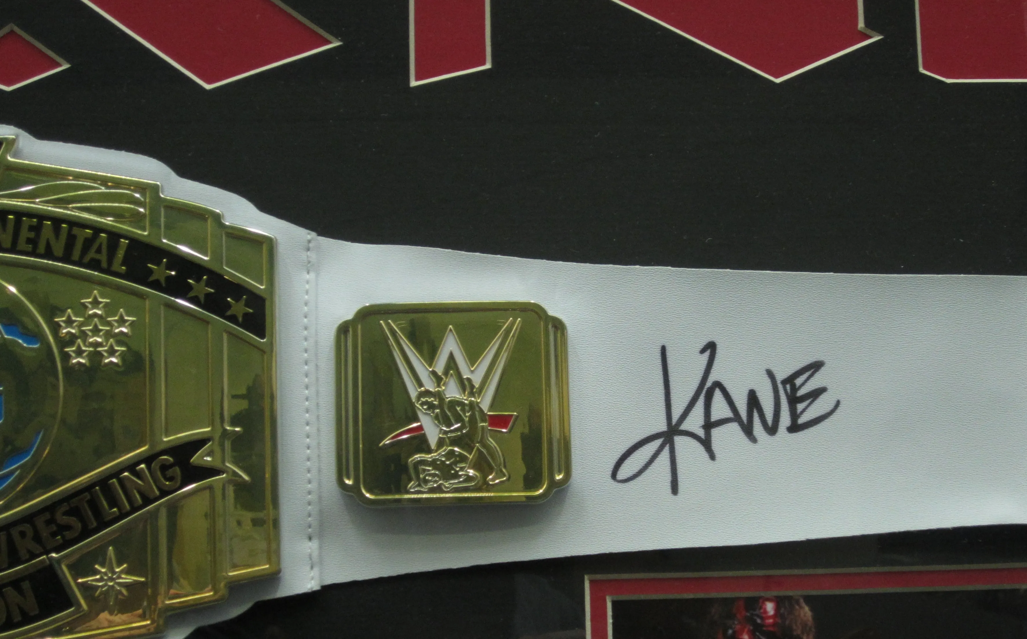 American Professional Wrestler Kane Hand Signed Autographed WWE Intercontinental Heavyweight Wrestling Champion Belt Custom Framed & Matted with JSA COA