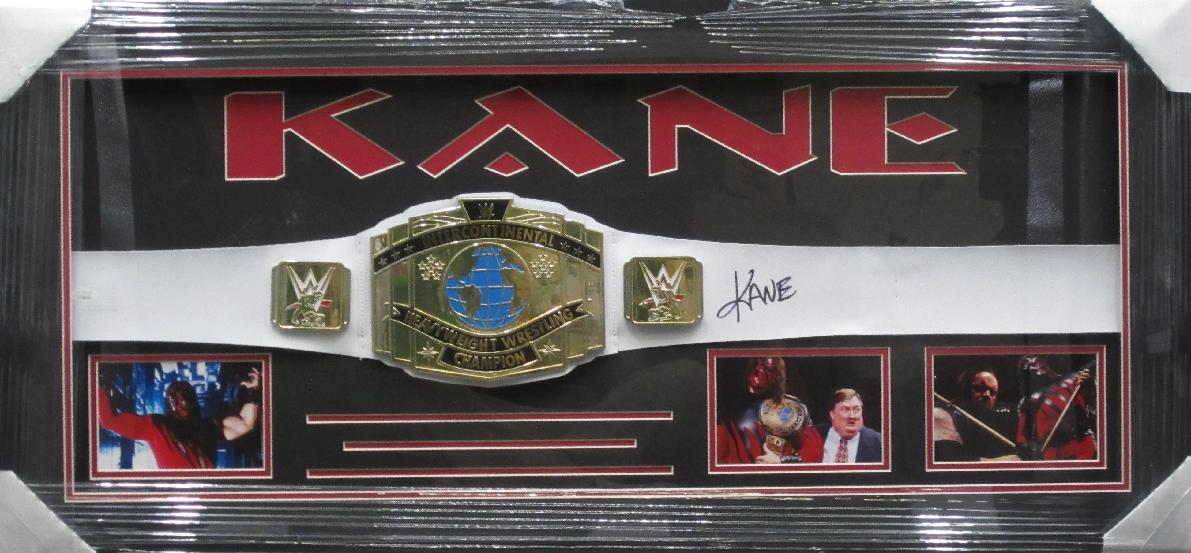 American Professional Wrestler Kane Hand Signed Autographed WWE Intercontinental Heavyweight Wrestling Champion Belt Custom Framed & Matted with JSA COA