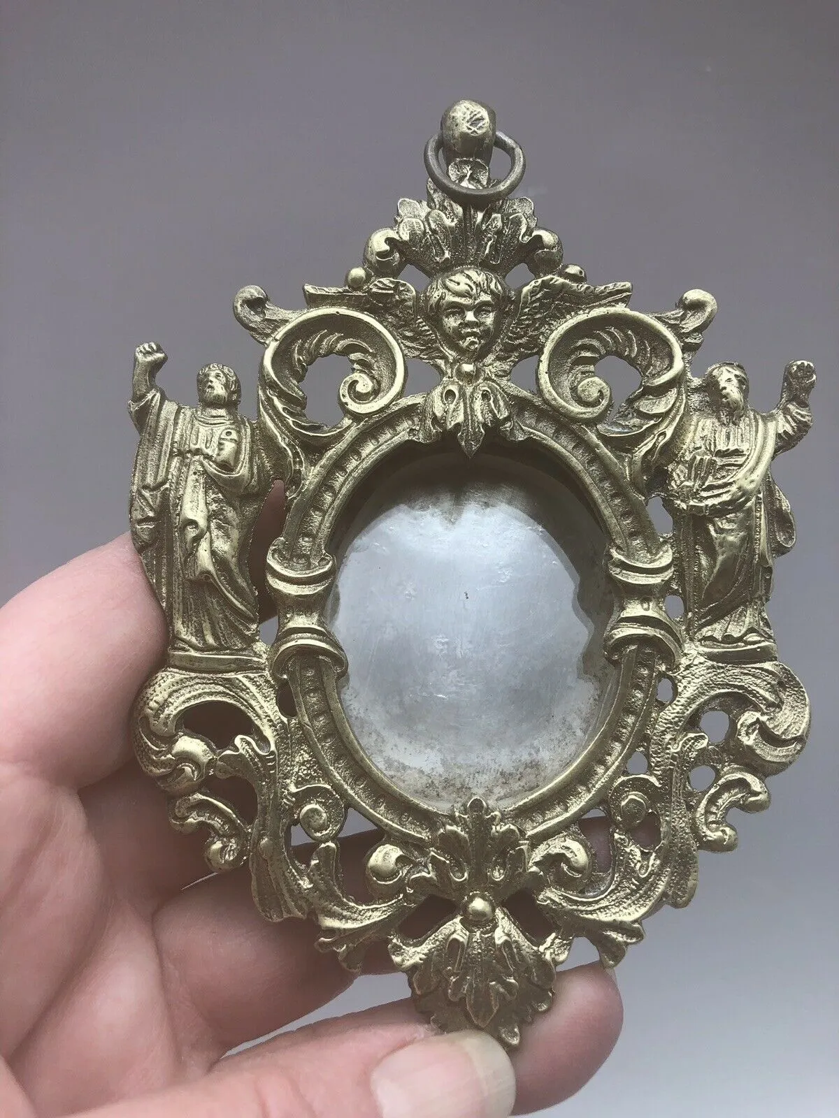 Antique French Reliquary Bronze Frame Saints Angels Crystal Religious