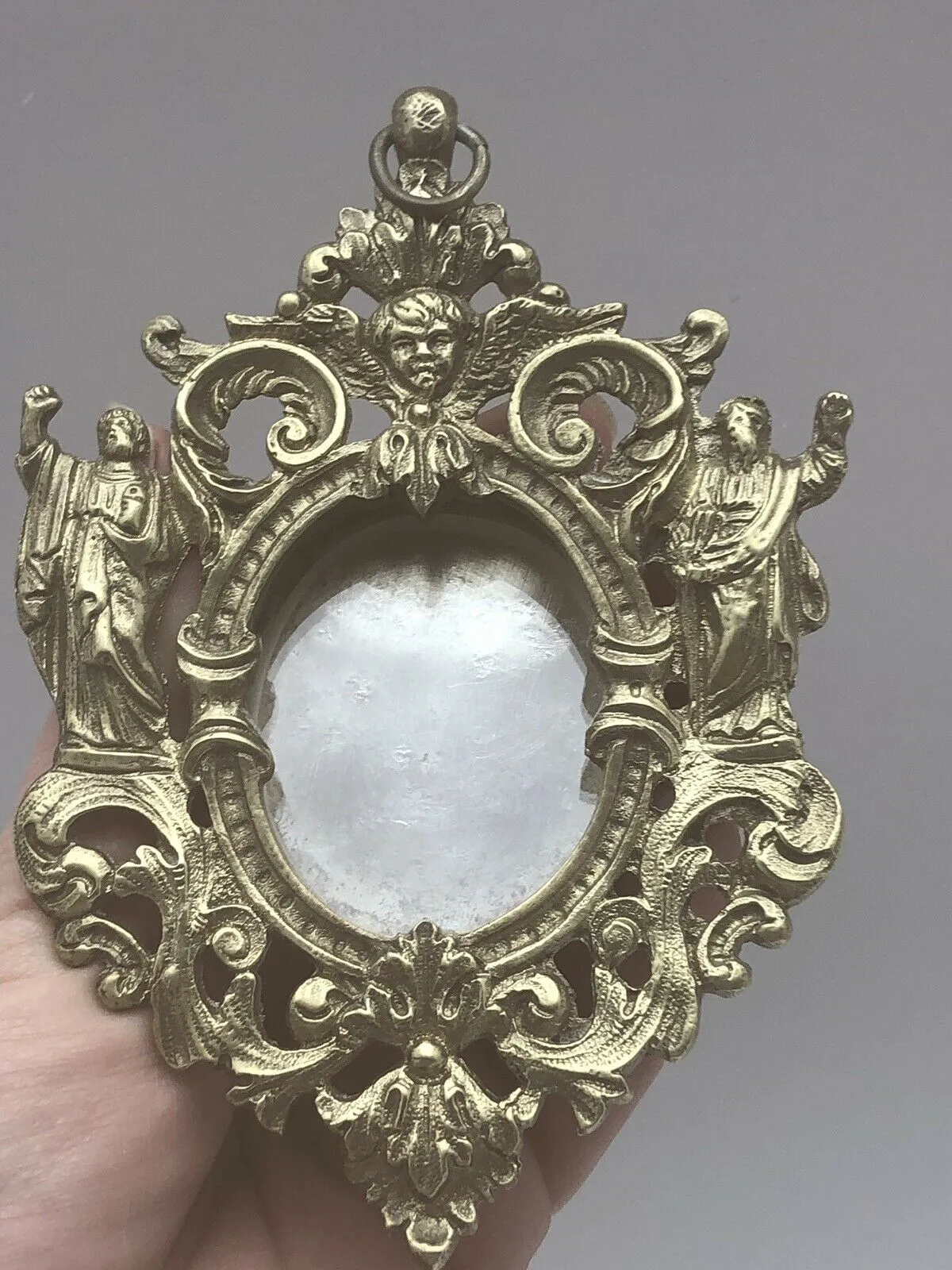 Antique French Reliquary Bronze Frame Saints Angels Crystal Religious