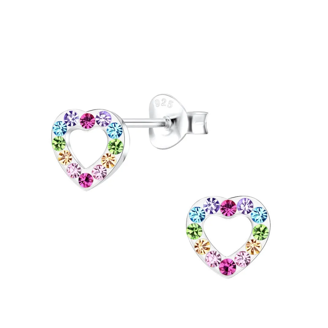 Baby and Children's Earrings:  Sterling Silver Blue, Rainbow Crystal Open Hearts