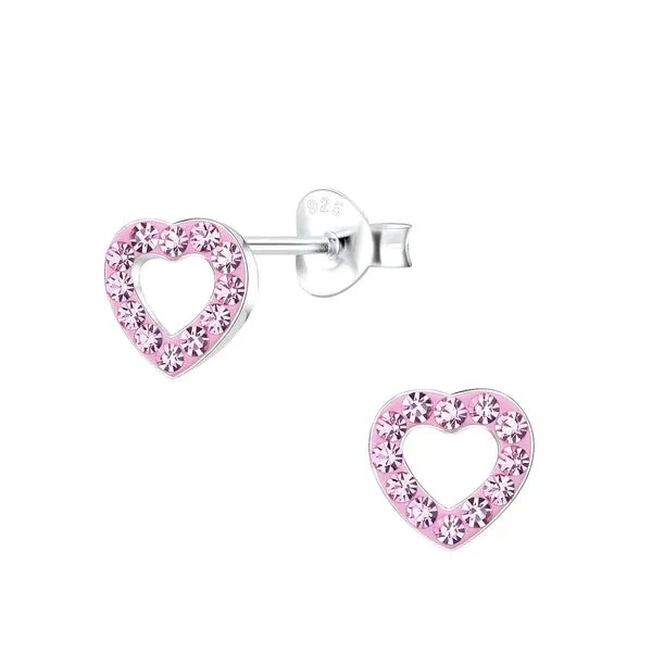 Baby and Children's Earrings:  Sterling Silver Blue, Rainbow Crystal Open Hearts