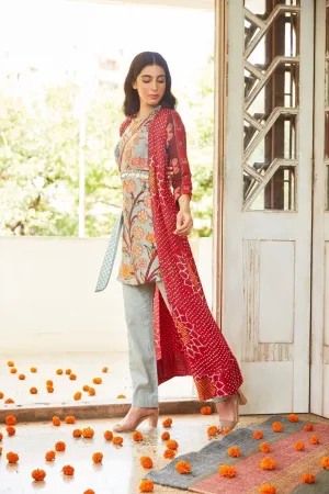 Bandhani Cape with Kurta, Pants & Coinwork Belt