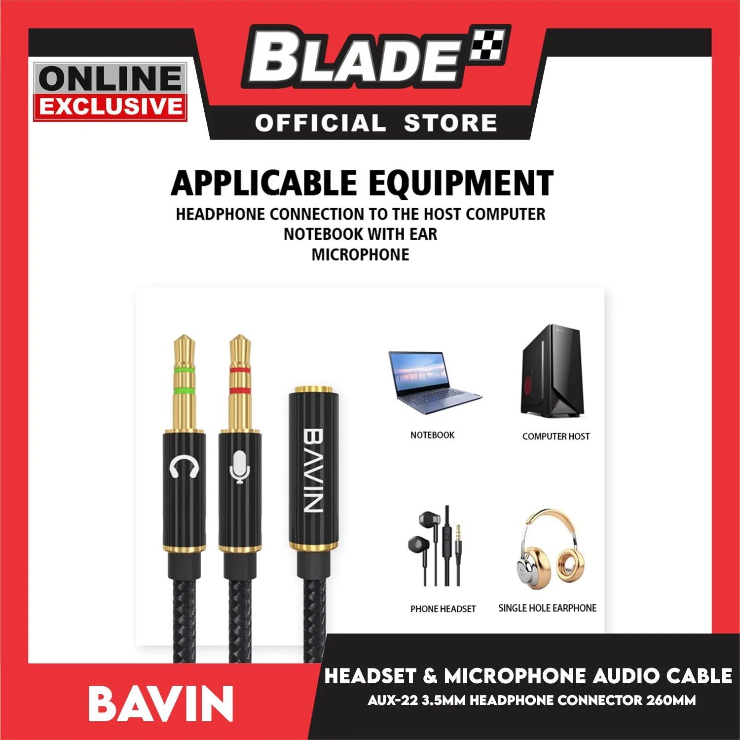 Bavin Earphone AUX-22 Computer Headset And Microphone Audio Cable 3.5mm Earphone Stereo Microphone Mic Audio Splitter AUX Cable For Computer Jack 3.5mm