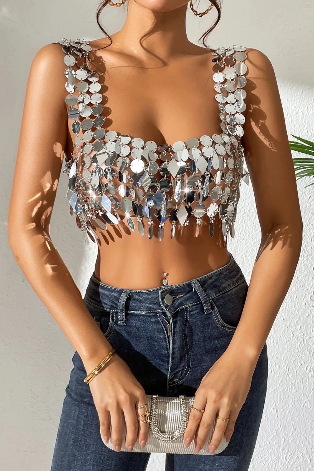 Bead Sequin Sling Tassel Top
