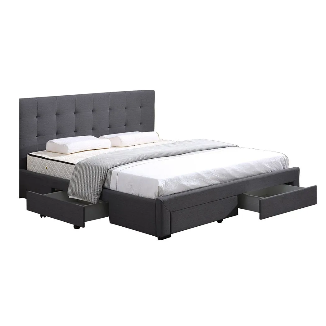 Bed Frame Base With Storage Drawer Mattress Wooden Fabric Double Dark Grey