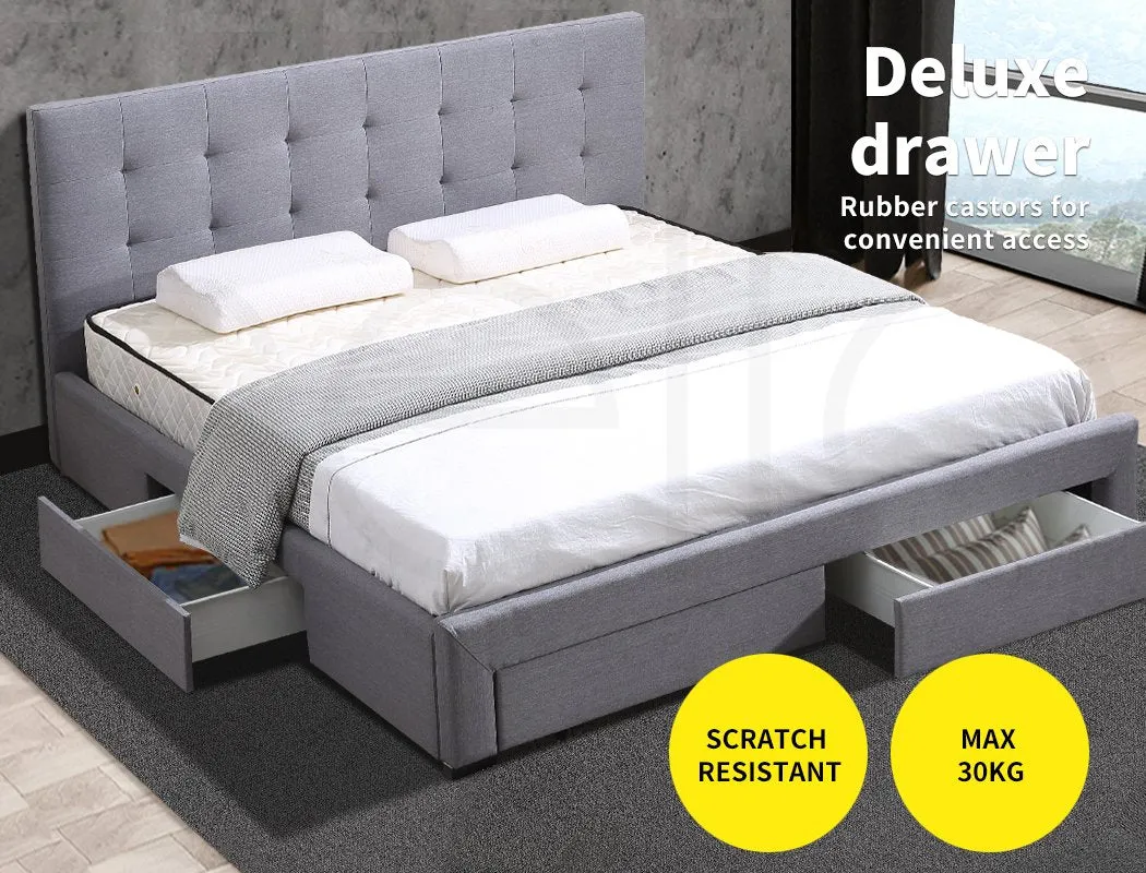 Bed Frame Base With Storage Drawer Mattress Wooden Fabric Double Dark Grey