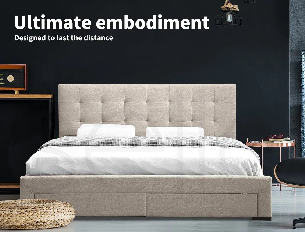 Bed Frame Base With Storage Drawer Mattress Wooden Fabric Double Dark Grey