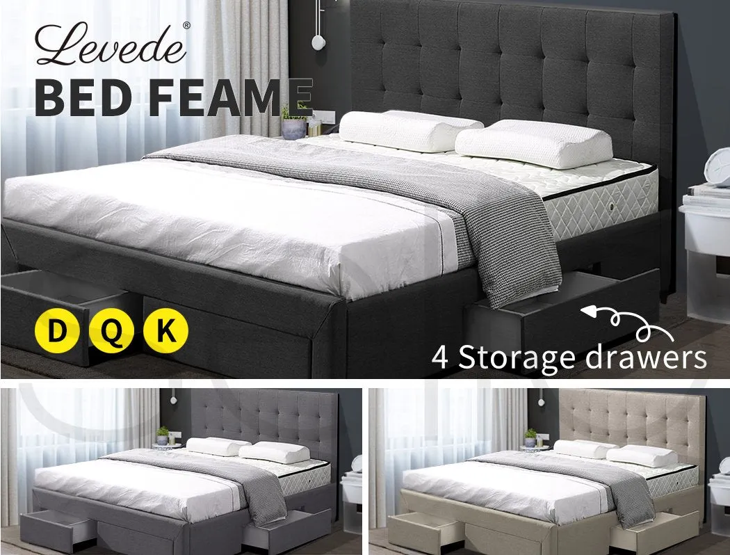 Bed Frame Base With Storage Drawer Mattress Wooden Fabric Double Dark Grey