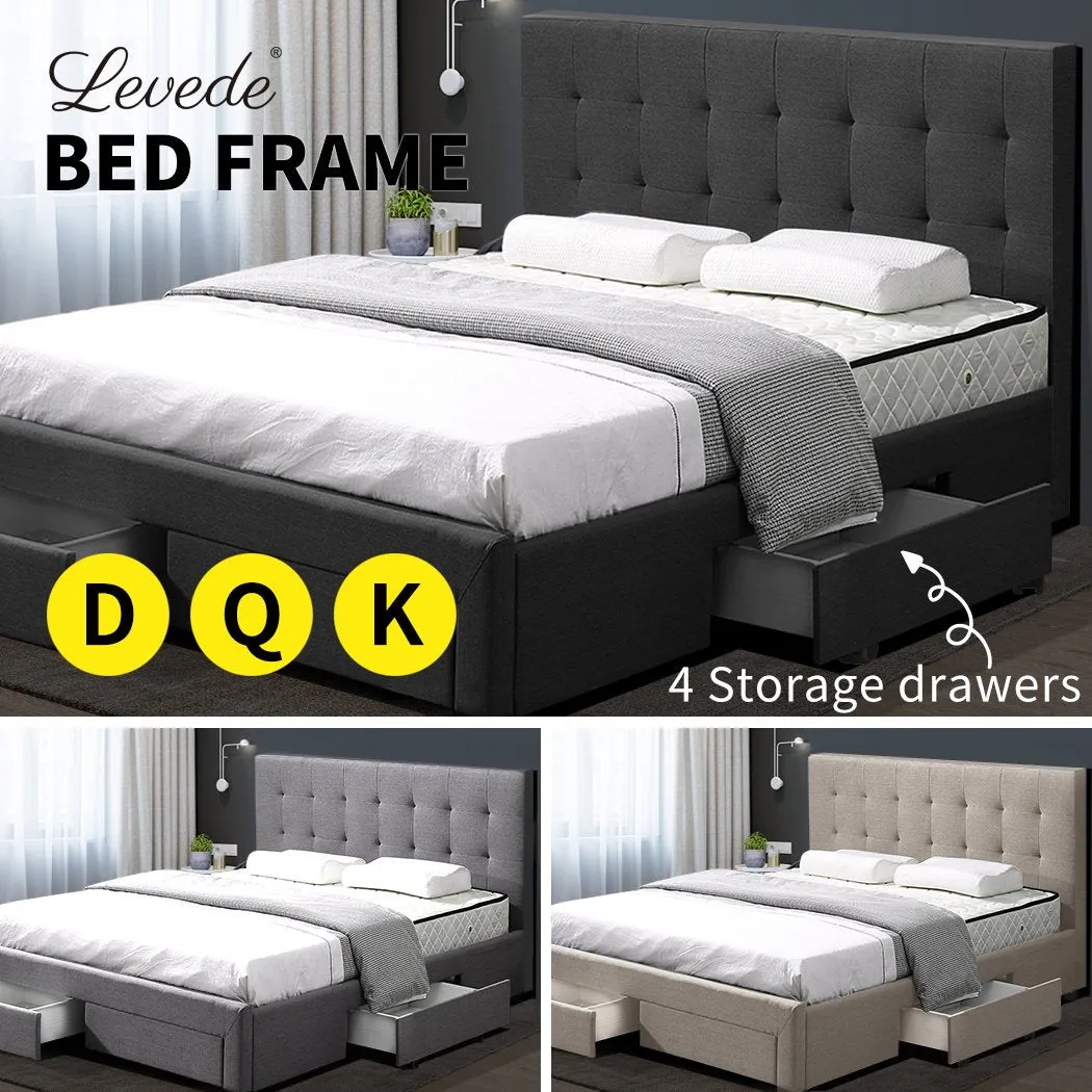 Bed Frame Base With Storage Drawer Mattress Wooden Fabric Double Dark Grey