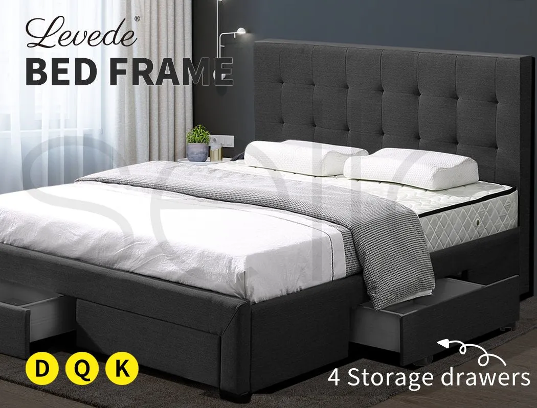 Bed Frame Base With Storage Drawer Mattress Wooden Fabric Double Dark Grey