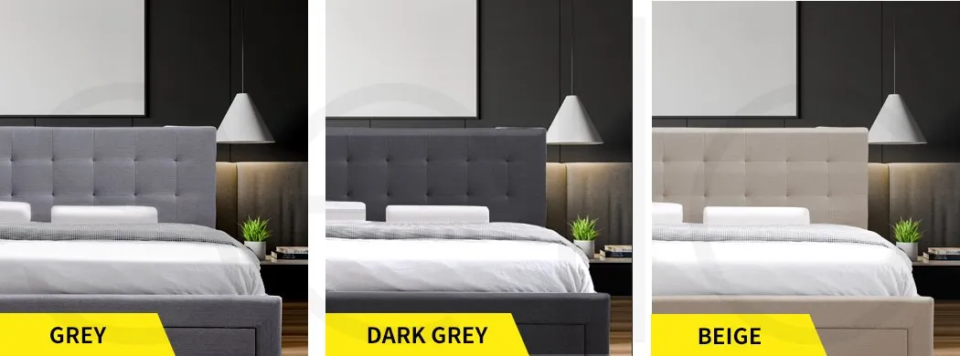 Bed Frame Base With Storage Drawer Mattress Wooden Fabric Double Dark Grey