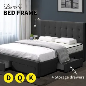 Bed Frame Base With Storage Drawer Mattress Wooden Fabric Double Dark Grey