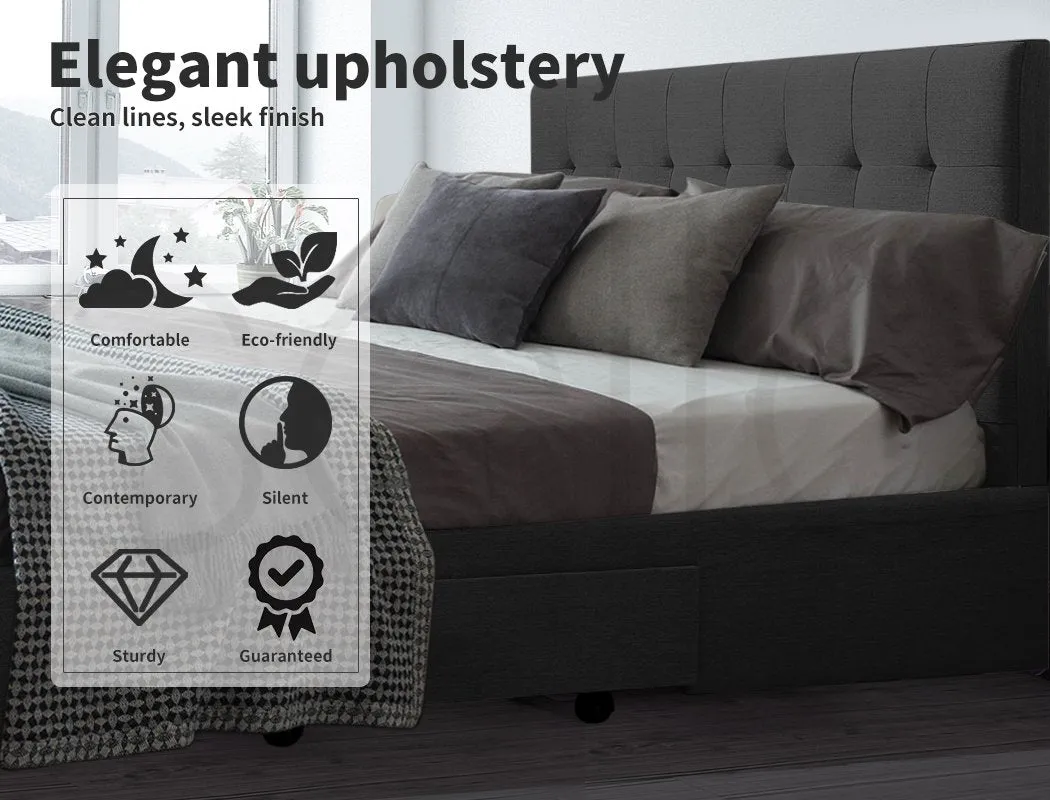 Bed Frame Base With Storage Drawer Mattress Wooden Fabric Double Dark Grey