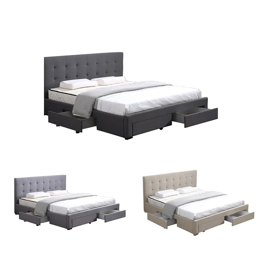 Bed Frame Base With Storage Drawer Mattress Wooden Fabric Double Dark Grey