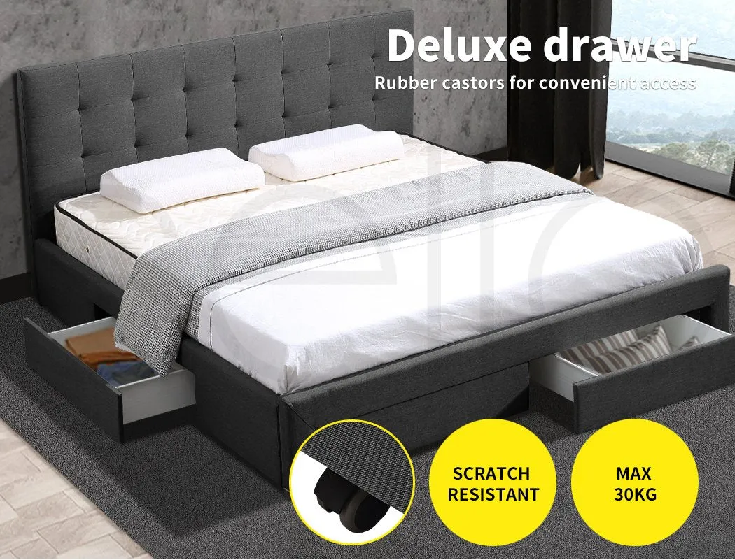 Bed Frame Base With Storage Drawer Mattress Wooden Fabric Double Dark Grey