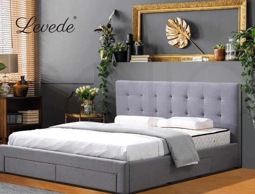 Bed Frame Base With Storage Drawer Mattress Wooden Fabric Double Dark Grey