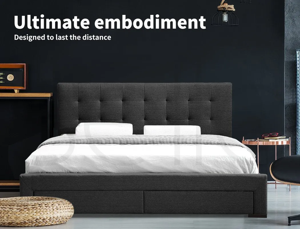 Bed Frame Base With Storage Drawer Mattress Wooden Fabric King Dark Grey