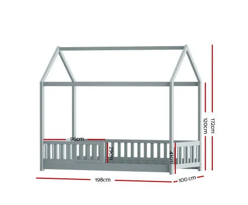 Bed Frame House Shape Pine Timber Base Single Size Platform Grey